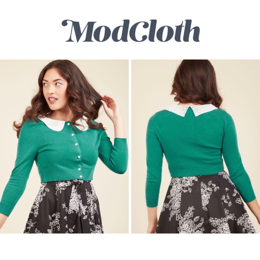 ModCloth Emerald Green Cropped Cardigan with White Peter Pan Collar
